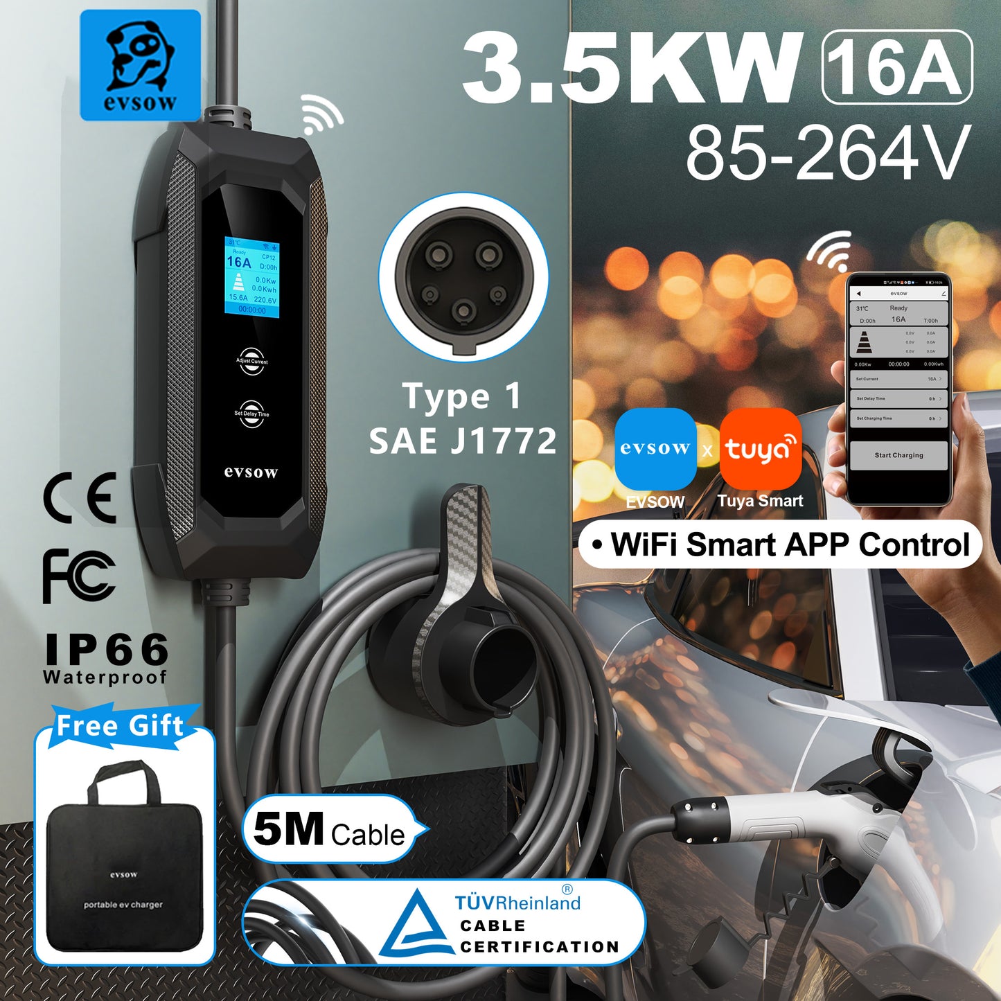 evsow Portable EV Charger Type1 With WIFI APP Control 3.5KW 16A 1P Electric Car Charger Adjustable Current&Set Charging Time