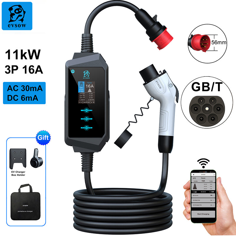 evsow Portable EV Charger GBT 11kW 16A 3Phase With WIFI APP Control Electric Car Charger Adjudtable Current&Set Charging Time
