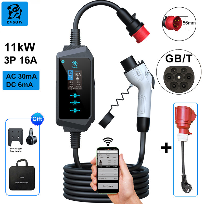 evsow Portable EV Charger GBT 11kW 16A 3Phase With WIFI APP Control Electric Car Charger Adjudtable Current&Set Charging Time