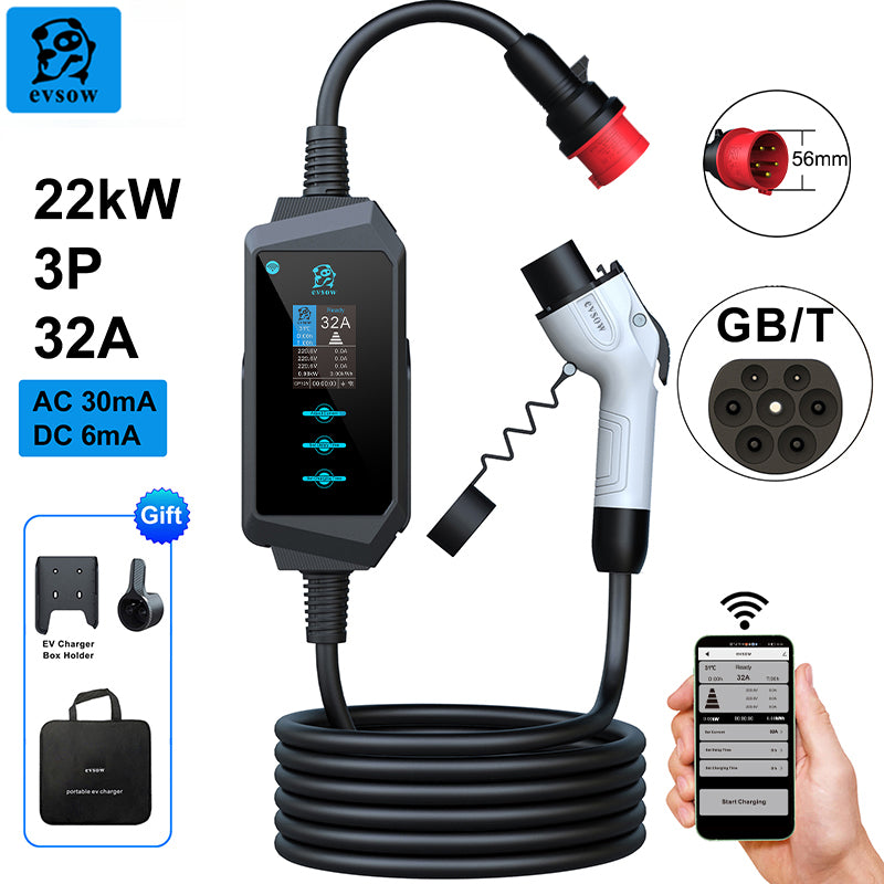 evsow Portable EV Charger GBT 22KW 32A 3Phase Electric Car Charger With WIFI APP Control Wallbox Adjudtable Current&Set Charging Time