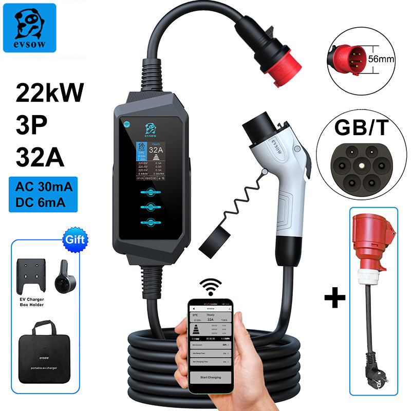 evsow Portable EV Charger GBT 22KW 32A 3Phase Electric Car Charger With WIFI APP Control Wallbox Adjudtable Current&Set Charging Time