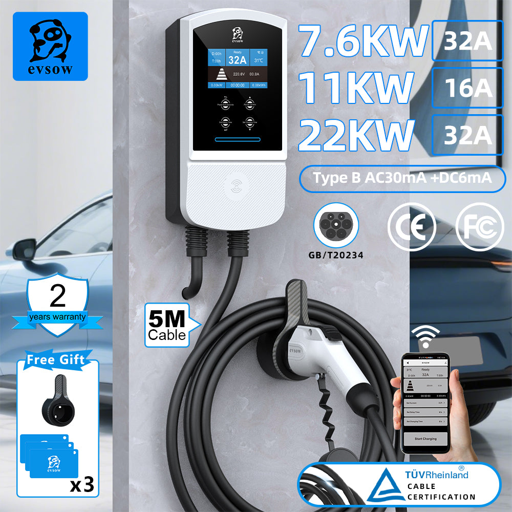 evsow EV Charger Wallbox GBT 7.6KW 32A Single Phase With WIFI APP Control 11KW 16A 22KW 32A 3P EVSE Wallbox Electric Vehicle Car Charger
