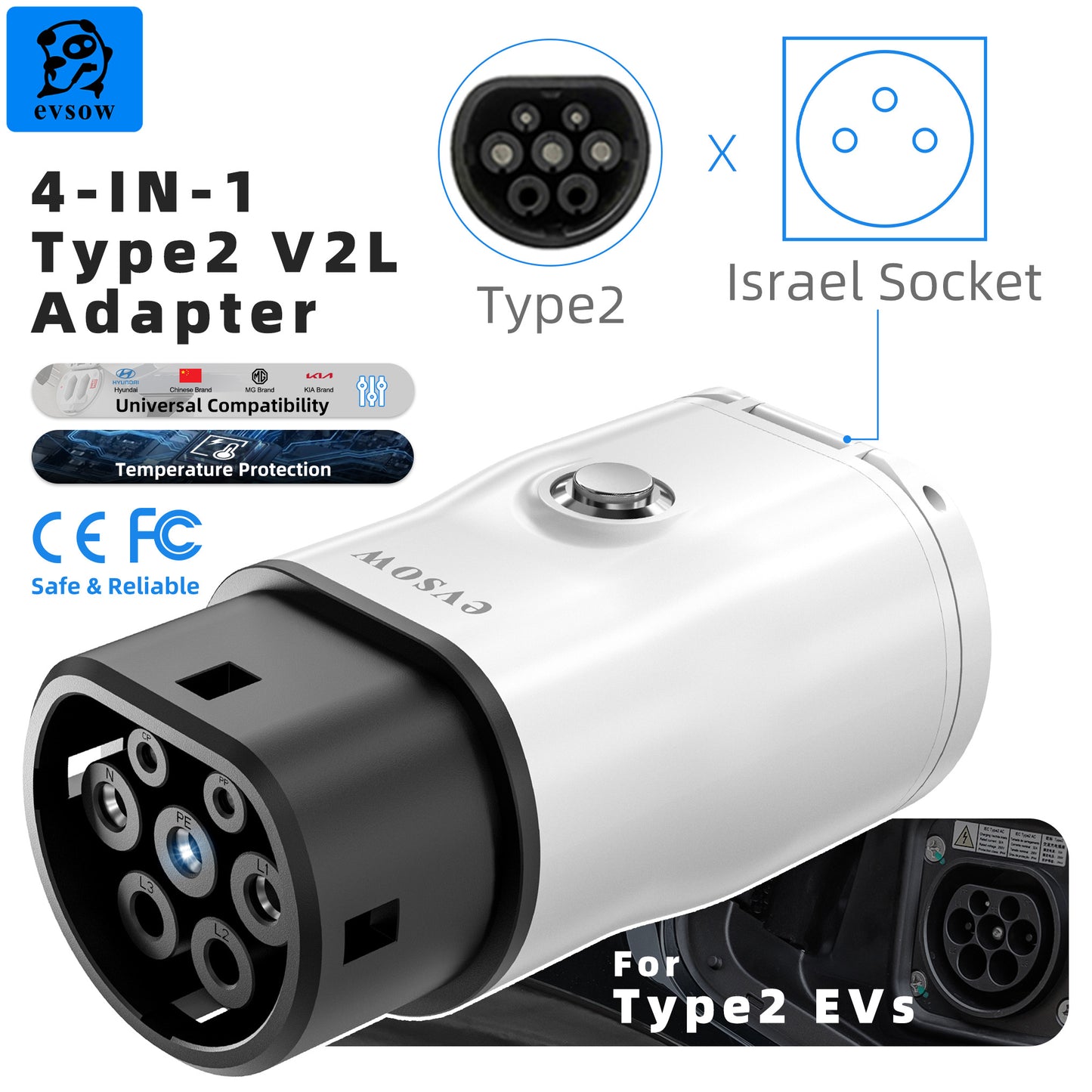 evsow V2L Discharger Adapter For MG/Kia/Hyundai/Chinese EVs Type2 EV Discharger Converter With Adjustable Switch&Temp Protection