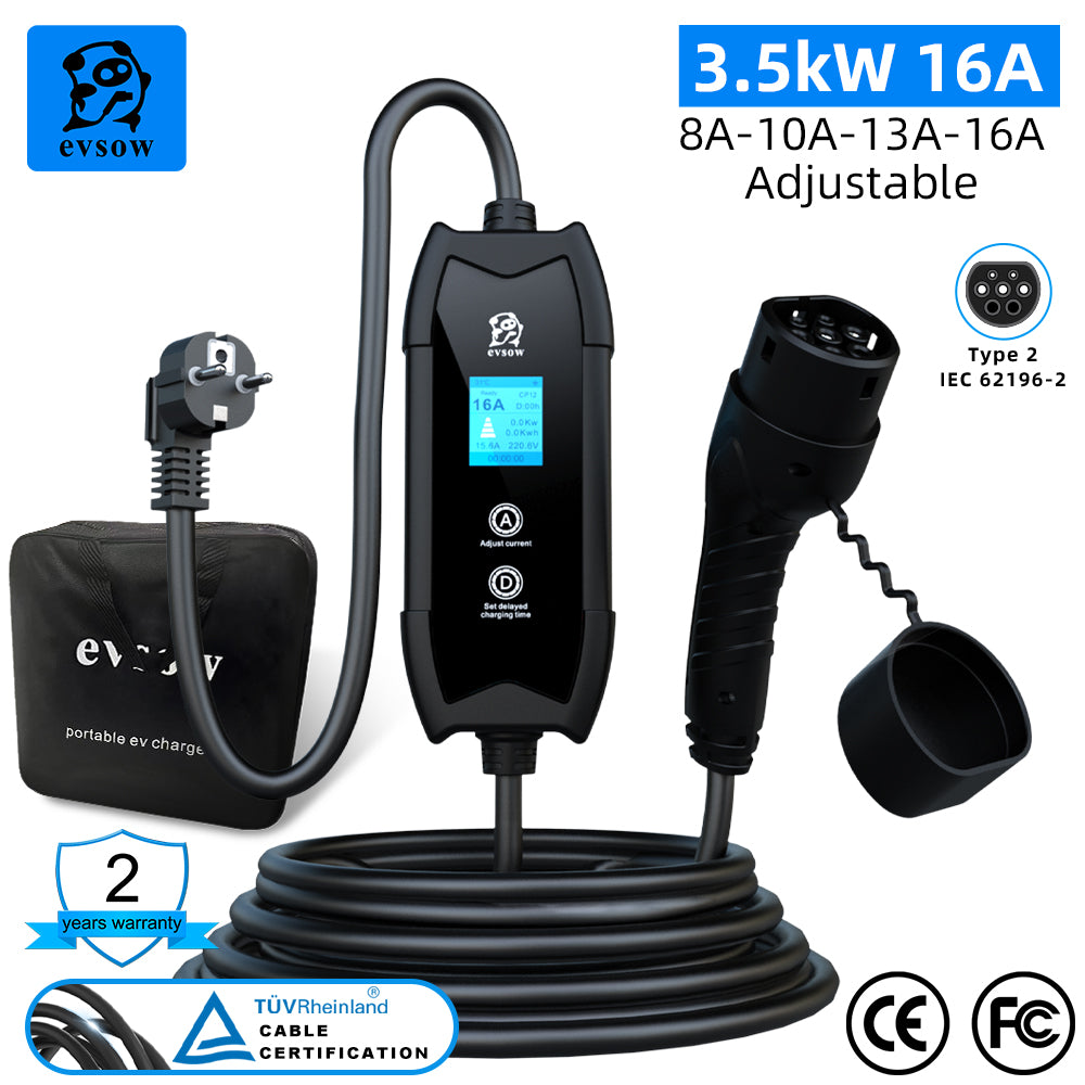 evsow Portable EV Charger Type2 3.5KW 16A 1P Electric Car Charger Adjustable Current&Set Charging Time For IEC 6219-2 EV Car
