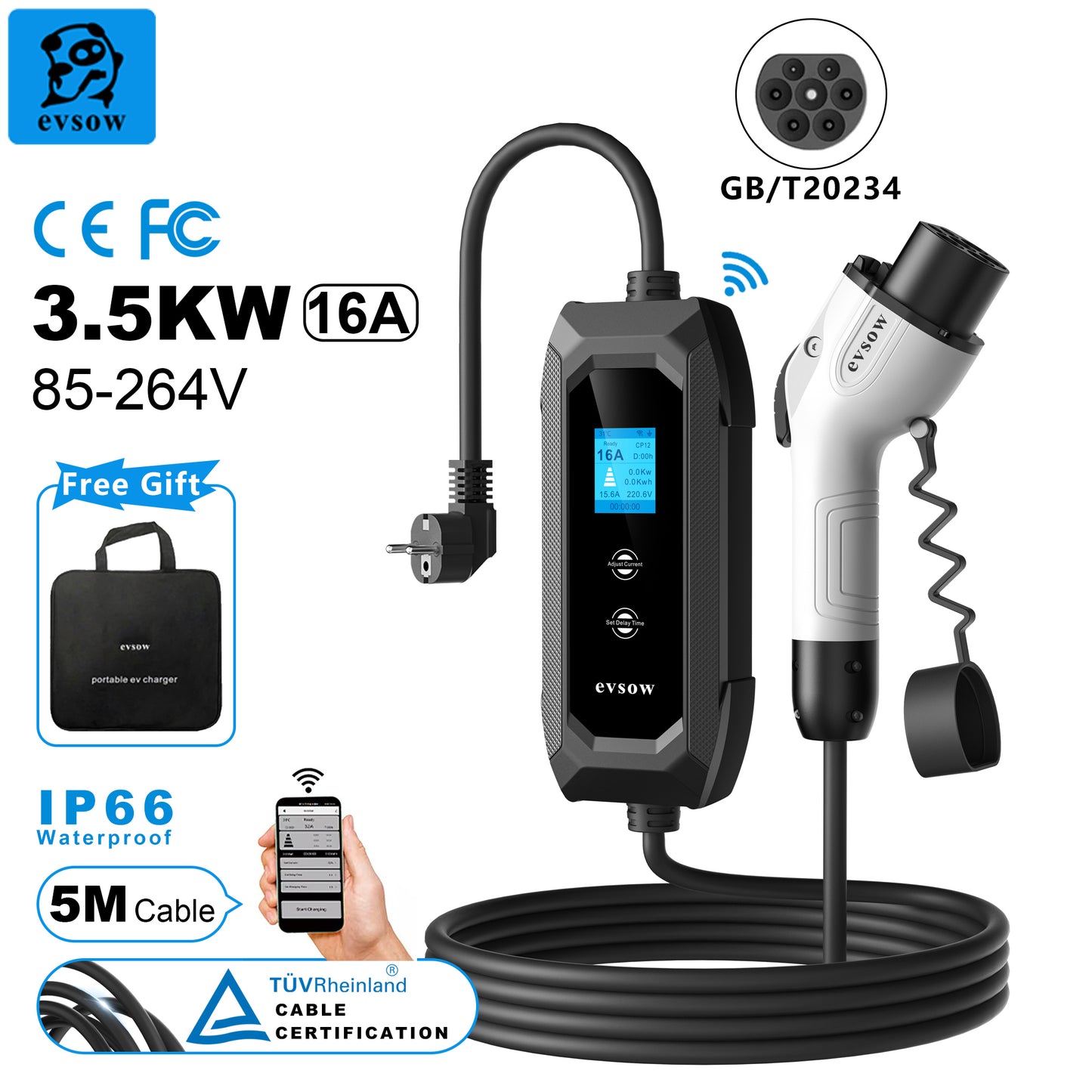 evsow Portable EV Charger GB/T With WIFI APP Control 3.5KW 16A 1P Electric Car Charger Adjustable Current&Set Charging Time 5M