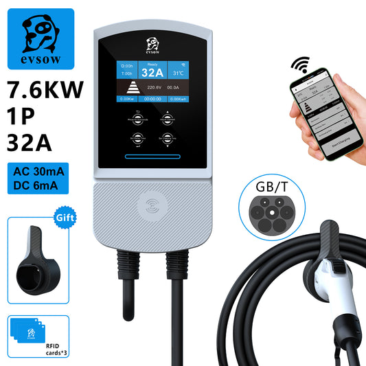 evsow EV Charger Wallbox GBT 7.6KW 32A Single Phase With WIFI APP Control 11KW 16A 22KW 32A 3P EVSE Wallbox Electric Vehicle Car Charger