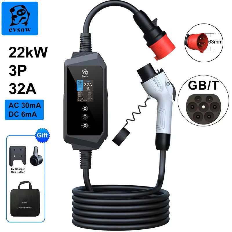 evsow Portable EV Charger GB/T 22KW 32A 3Phase Wallbox Electric Car Charger Adjustable Current&Set Charging Time