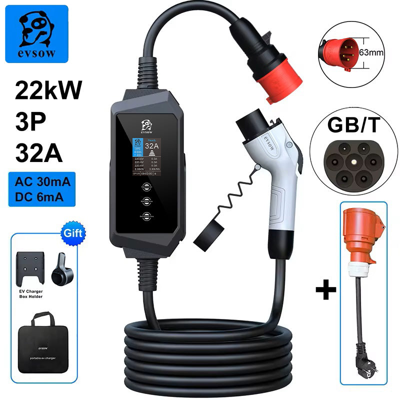 evsow Portable EV Charger GB/T 22KW 32A 3Phase Wallbox Electric Car Charger Adjustable Current&Set Charging Time