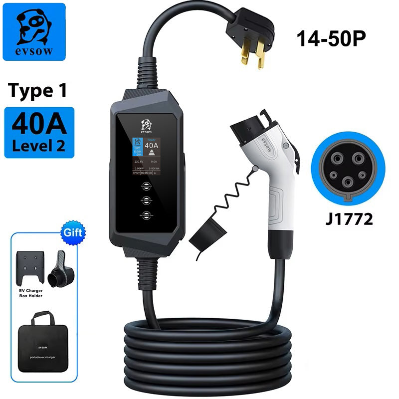 evsow EV Charger Type1 SAE J1772 7.6kW/9.6kW 12 kW Single Phase Electric Car Charger 32A 40A 50A Adjustable Current&Set Charging Time