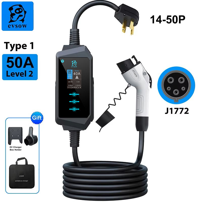 evsow EV Charger Type1 SAE J1772 7.6kW/9.6kW 12 kW Single Phase Electric Car Charger 32A 40A 50A Adjustable Current&Set Charging Time