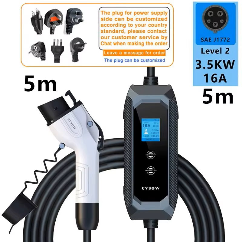 evsow 3.5kW Type1 EV Charger SAE J1772 16A 1P Electric Car Charger Adjustable Current &Set Charging Time EV Car Wallbox EVSE
