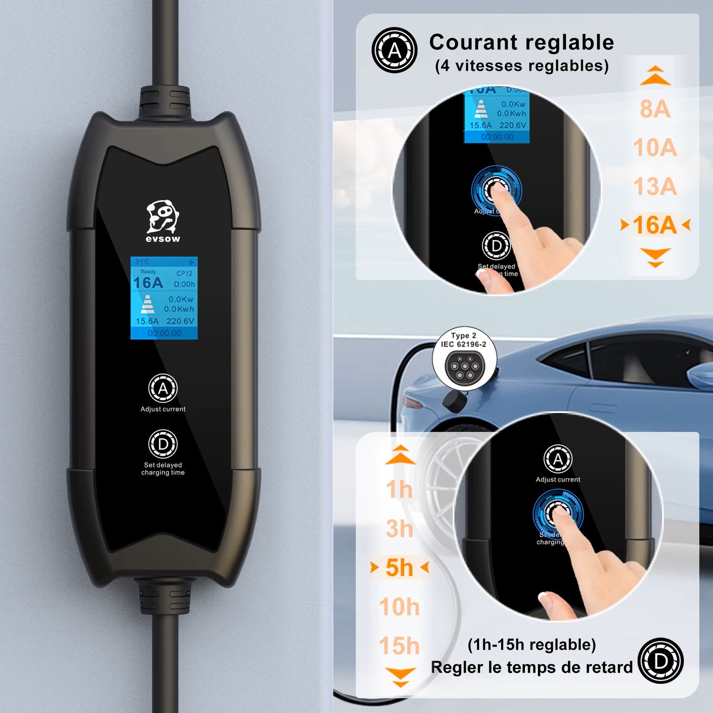 evsow Portable EV Charger Type2 3.5KW 16A 1P Electric Car Charger Adjustable Current&Set Charging Time For IEC 6219-2 EV Car