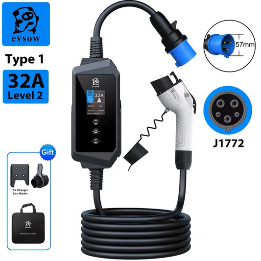 evsow EV Charger Type1 SAE J1772 7.6kW/9.6kW 12 kW Single Phase Electric Car Charger 32A 40A 50A Adjustable Current&Set Charging Time