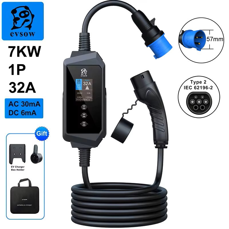 evsow Portable EV Charger Type2 7kW 32A Single Phase Electric Car Charger Adjustable Current&Set Charger Time EVSE Charger Wallbox