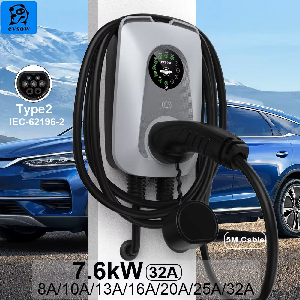 evsow 7KW EV Charger Type2 Fast Charging Socket Version Wall-Mounted 32A Adjust Current EV Charging Station Freely Cable Holder