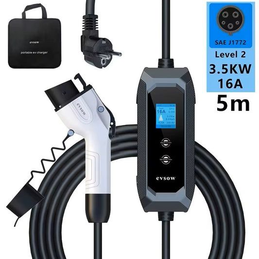 evsow 3.5kW Type1 EV Charger SAE J1772 16A 1P Electric Car Charger Adjustable Current &Set Charging Time EV Car Wallbox EVSE