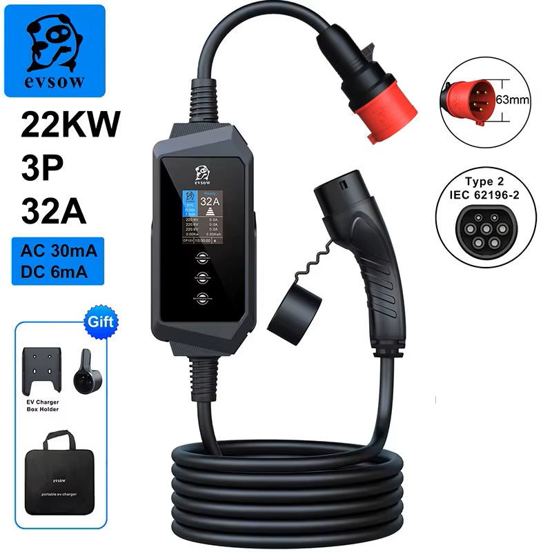 evsow Portable EV Charger Type2 IEC62196-2 22kW 32A 3P Electric Car Charger Adjustable Current&Set Charger Time EVSE Charger Wallbox