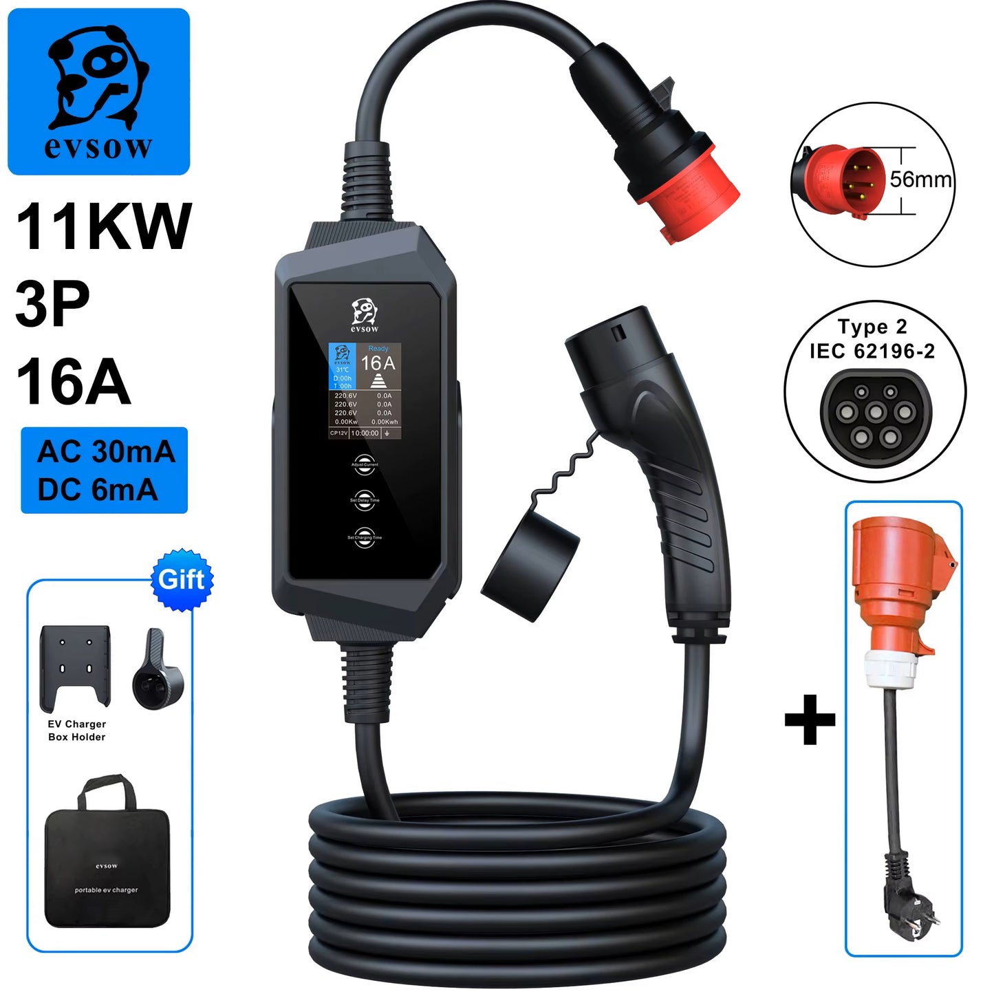 evsow Portable EV Charger Type2 IEC62196-2 11KW 16A 3P Electric Car Charger Current Adjustable&Setting Charging Time EVSE Wallbox