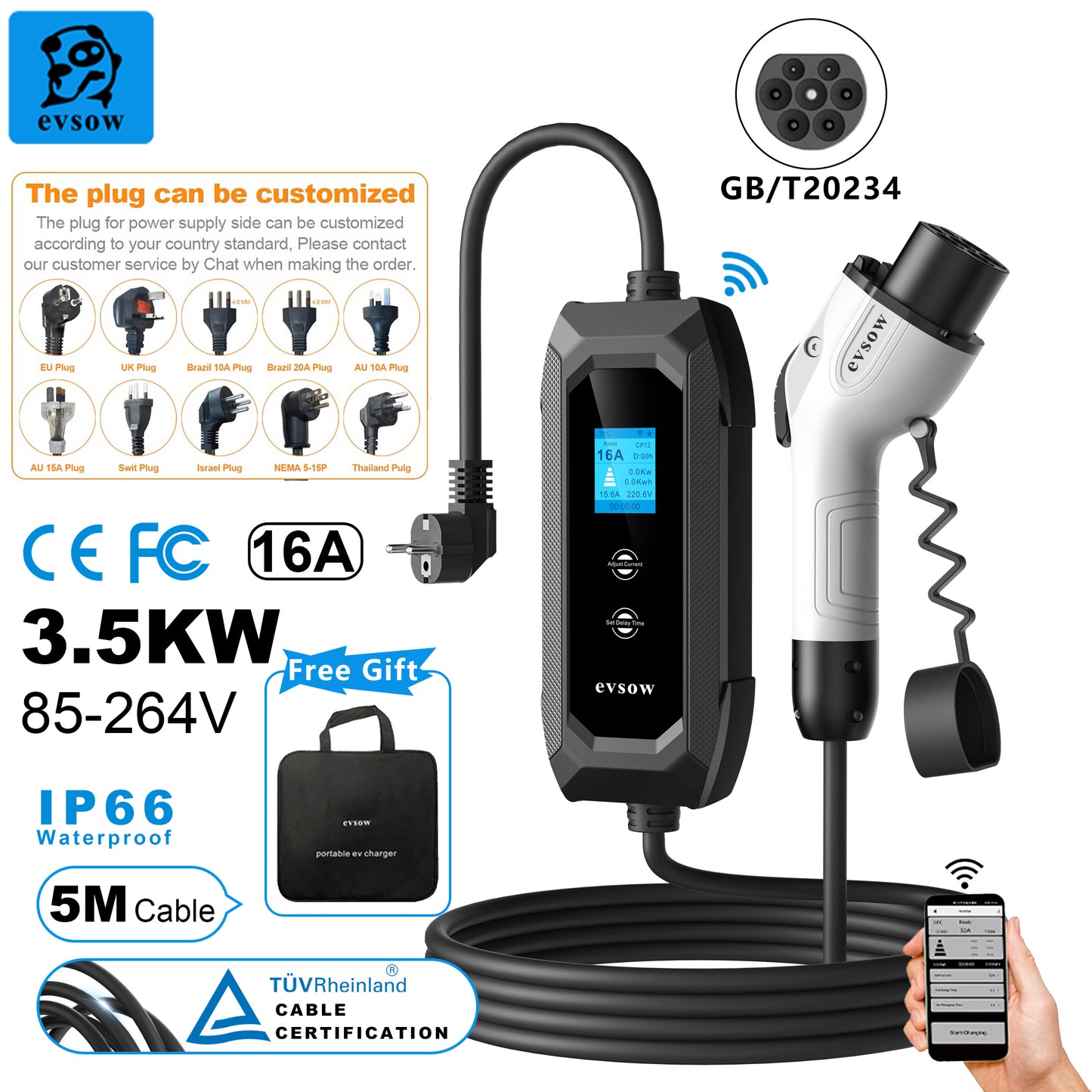 evsow Portable EV Charger GB/T With WIFI APP Control 3.5KW 16A 1P Electric Car Charger Adjustable Current&Set Charging Time 5M