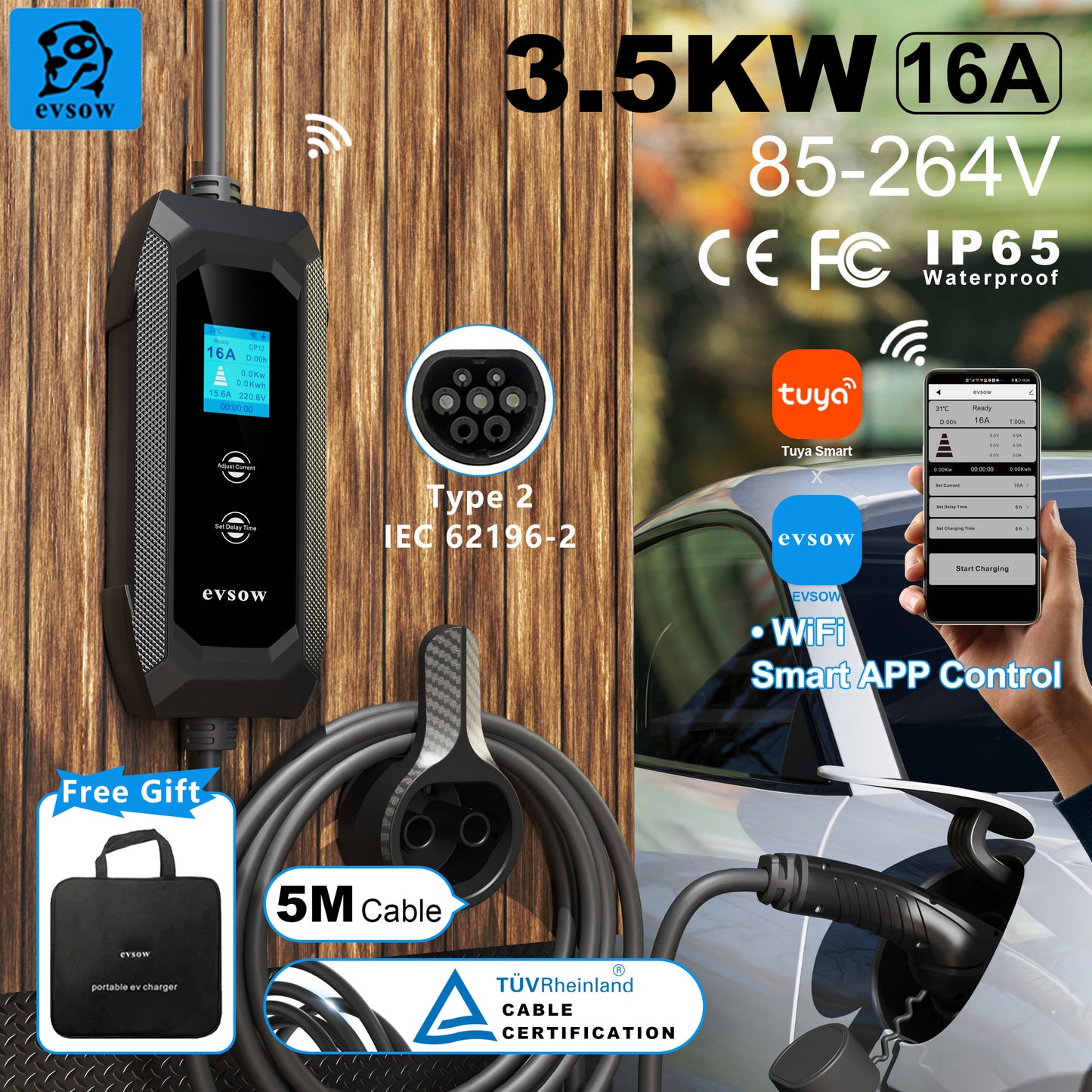 evsow WIFI EV Charger Type2 3.5kW 16A 1P Electric Car Charger With APP Control Adjustable Current&Set Charging Time EVSE Charger