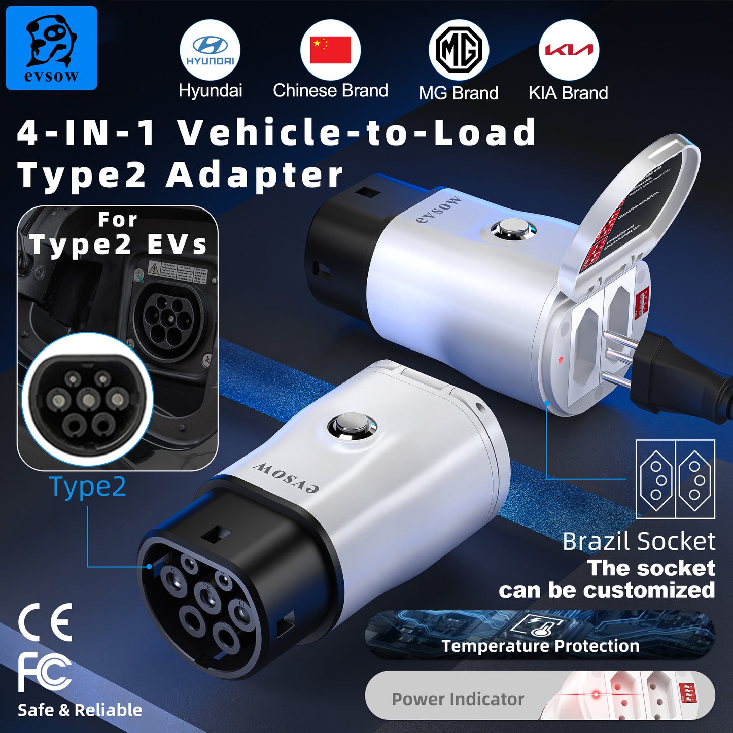 evsow V2L Discharger Adapter For MG/Kia/Hyundai/Chinese EVs Type2 EV Discharger Converter With Adjustable Switch&Temp Protection