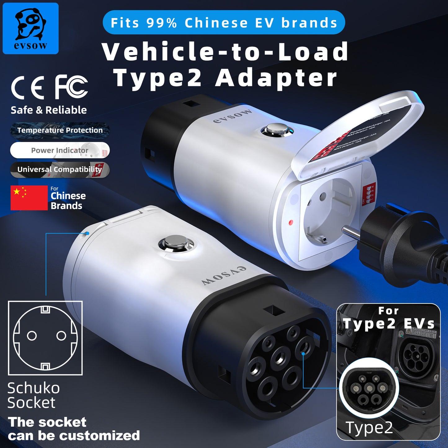 evsow V2L EV Discharge Adapter Type2 Discharger Conversor For Chinese EV Car With Power Adjust Switch Vehicle To Load Discharger