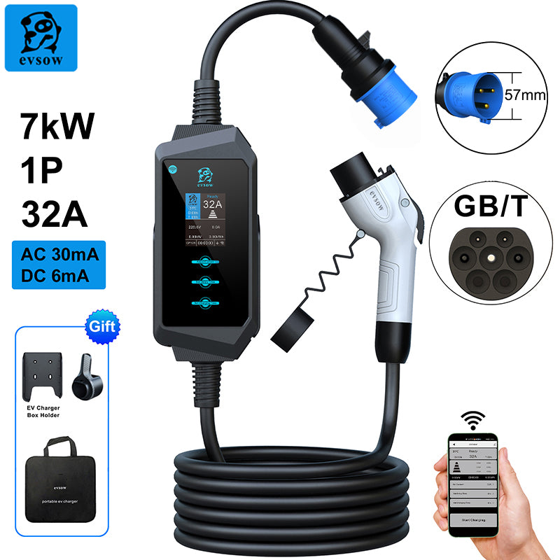 evsow Portable EV Charger GBT 7kW 32A Single Phase With WIFI APP Control Electric Car Charger Adjudtable Current&Set Charging Time