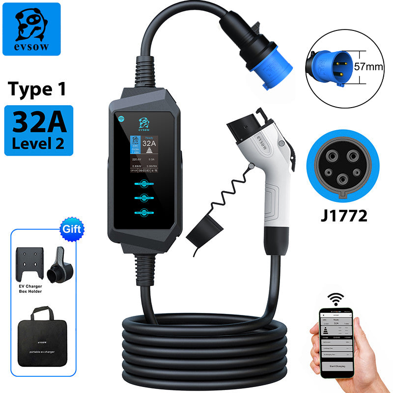 evsow Portable EV Charger Type1 With WIFI APP Control Electric Vehicle Charger 7kW 9.6kW 12kW 32A 40A 50A Electric Vehicle Charger