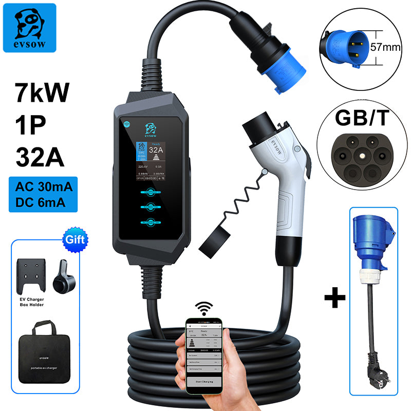 evsow Portable EV Charger GBT 7kW 32A Single Phase With WIFI APP Control Electric Car Charger Adjudtable Current&Set Charging Time