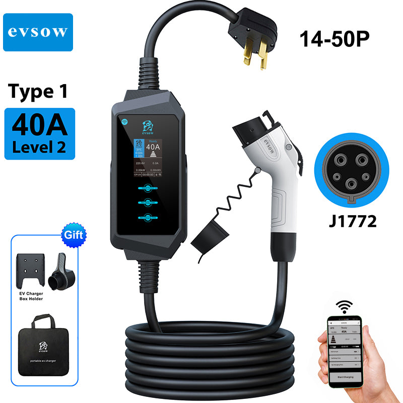 evsow Portable EV Charger Type1 With WIFI APP Control Electric Vehicle Charger 7kW 9.6kW 12kW 32A 40A 50A Electric Vehicle Charger