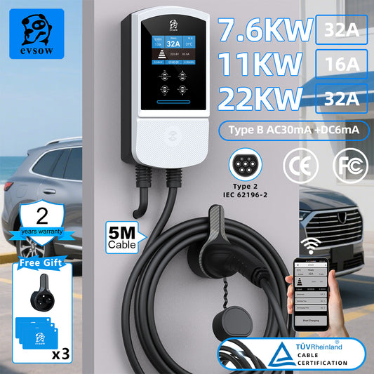 evsow EV Charger Wallbox Type2 IEC62196-2 7.6KW 32A Single Phase With WIFI APP Control 11KW 16A 22KW 32A 3P EVSE Wallbox