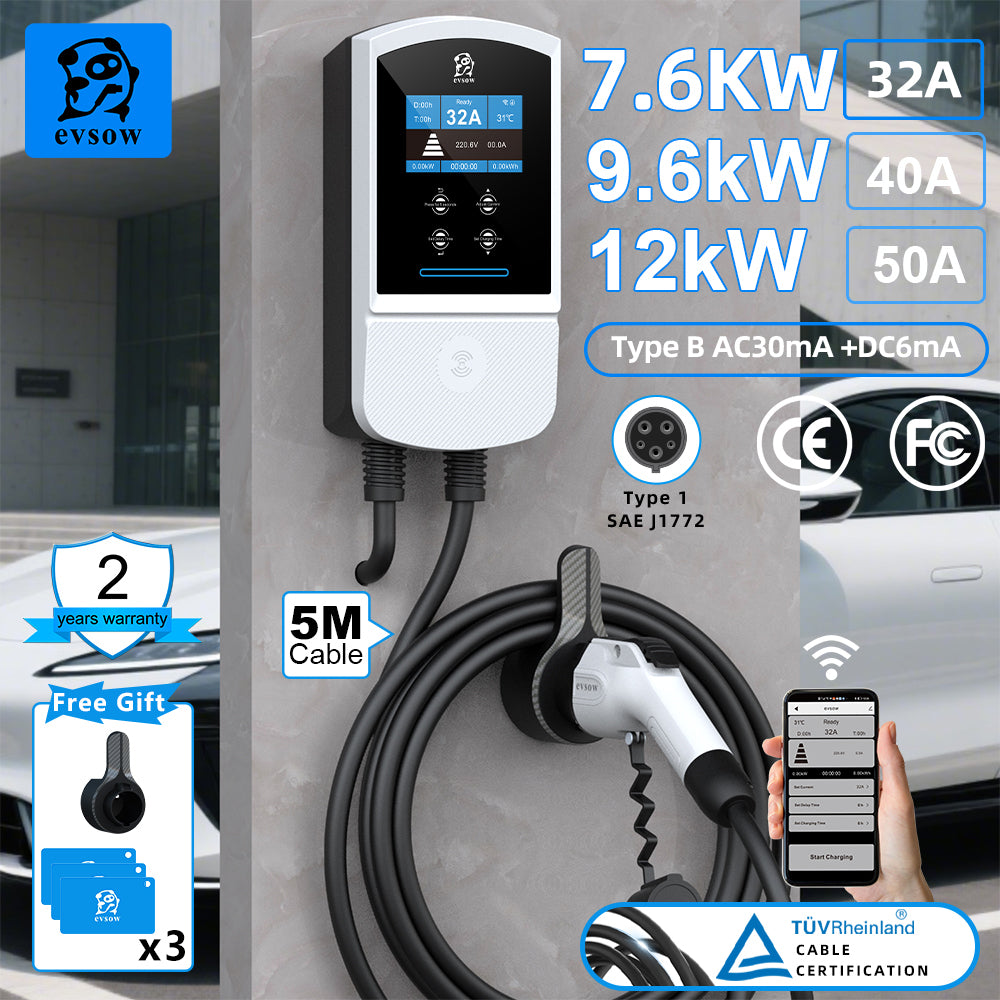 evsow EV Charger Wallbox Type1 SAE J 1772 7.6kW 32A 9.6kW 40A 12kW 50A Single Phase With WIFI APP Control EVSE Wallbox