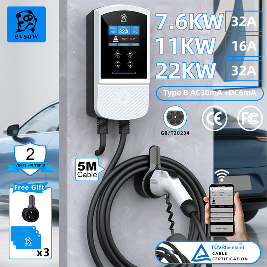 evsow EV Charger Wallbox GBT 7.6KW 32A Single Phase With WIFI APP Control 11KW 16A 22KW 32A 3P EVSE Wallbox Electric Vehicle Car Charger