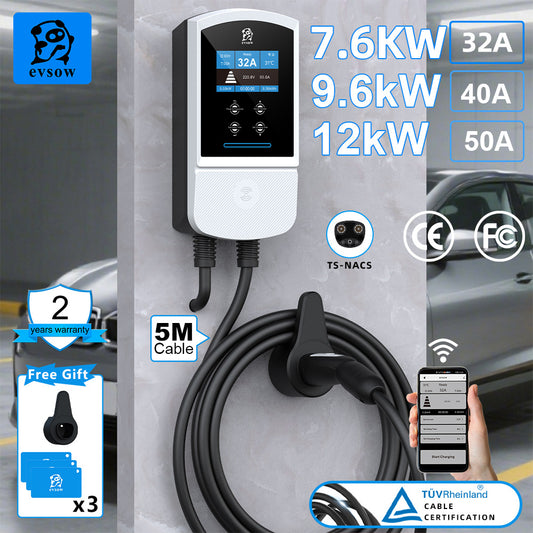 evsow EV Charger Wallbox For Tesla 7.6kW 32A 9.6kW 40A 12kW 50A Single Phase With WIFI APP Control Electric Car Charger EVSE Wallbox