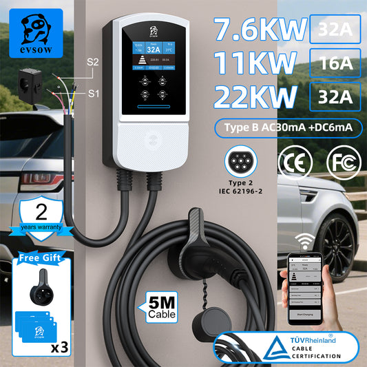 evsow EV Charger Wallbox Type2 IEC 62196-2 7.6kW 32A 11kW 16A 22kW 32A Dynamic Load Blancing Electric Car Charger With APP EVSE Wallbox