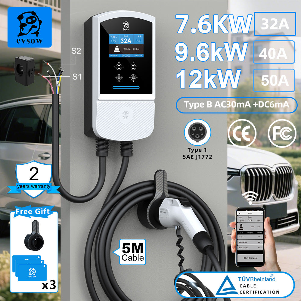 evsow EV Charger Wallbox Type1 SAE J1772 Dynamic Load Blancing 7.6kW 32A 9.6kW 40A 12kW 50A Single Phase With WIFI APP Control Electric Car Charger EVSE Wallbox