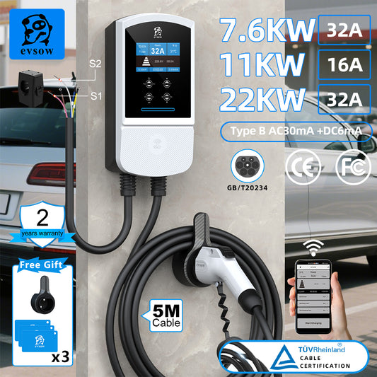 evsow EV Charger Wallbox GBT Dynamic Load Blancing 7.6kW 32A 11kW 16A 22kW 32A 1P/3P With WIFI APP Control EVSE Wallbox