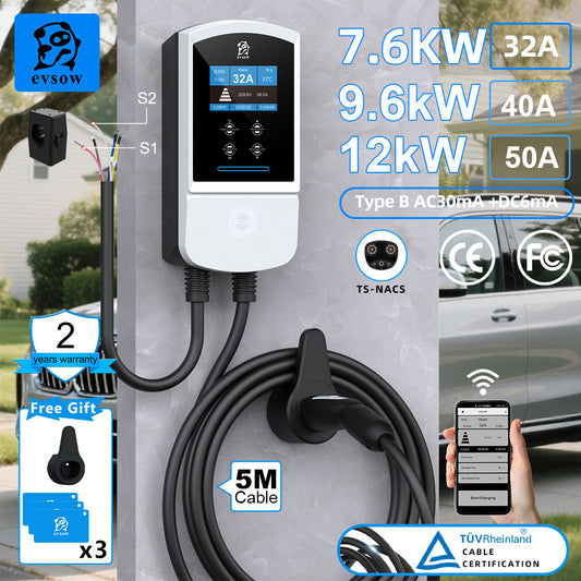 evsow EV Charger Wallbox For Tesla Dynamic Load Blancing EVSE Wallbox 7.6kW 32A 9.6kW 40A 12kW 50A Single Phase With WIFI APP Control