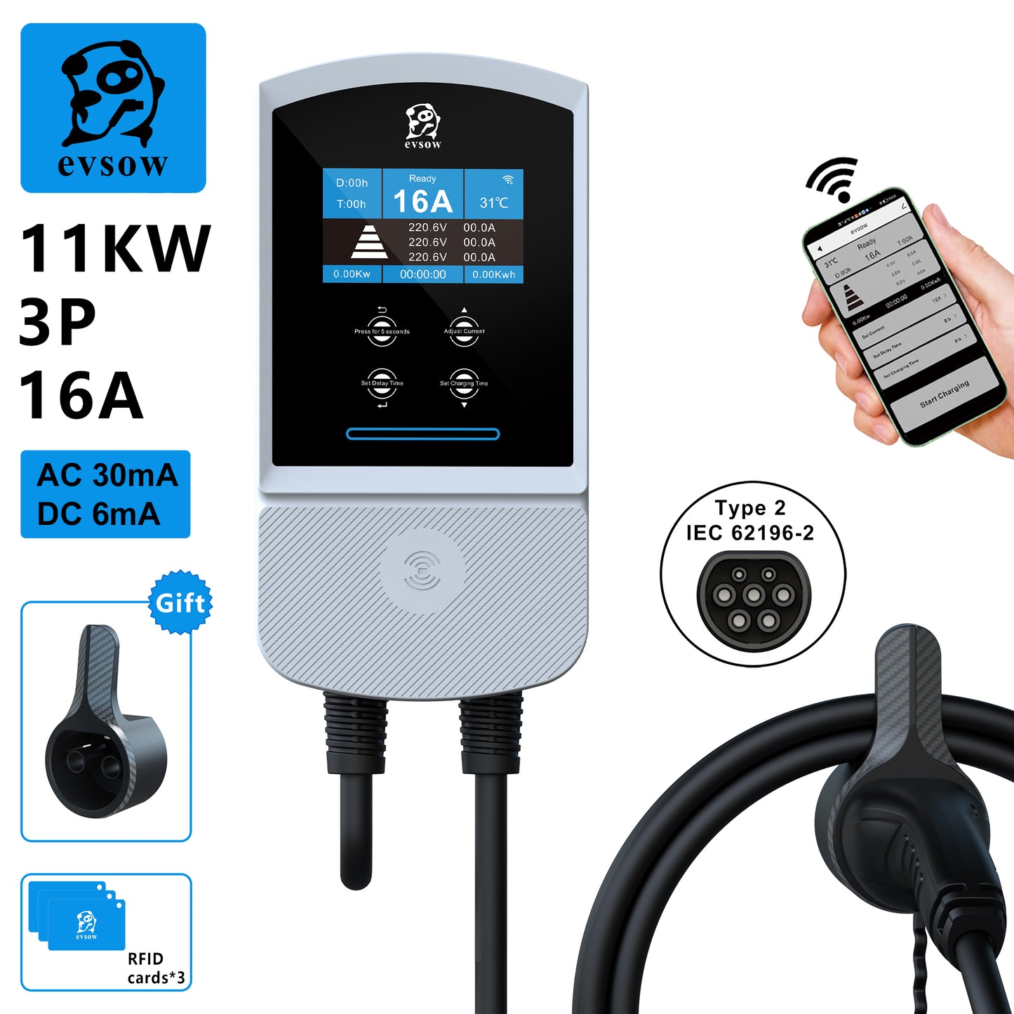 evsow EV Charger Wallbox Type2 IEC62196-2 7.6KW 32A Single Phase With WIFI APP Control 11KW 16A 22KW 32A 3P EVSE Wallbox