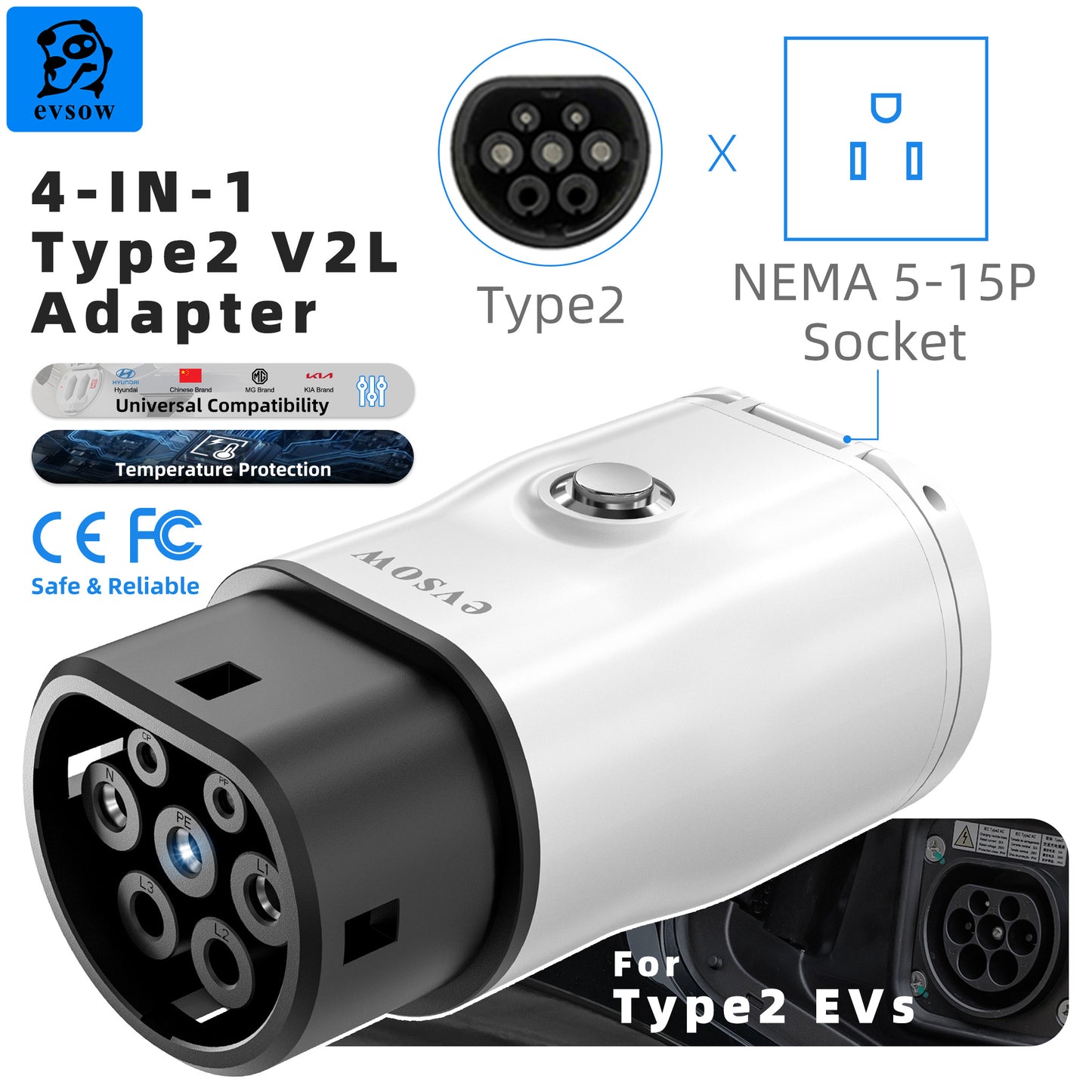 evsow V2L Discharger Adapter For MG/Kia/Hyundai/Chinese EVs Type2 EV Discharger Converter With Adjustable Switch&Temp Protection