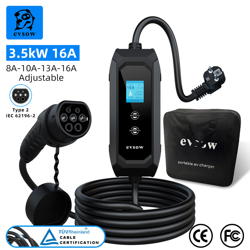 evsow Type2 Portable EV Charger IEC 6219-2 3.5kW 16A 1P Electric Car Charger Wallbox EVSE Adjustable Current&Set Charging Time