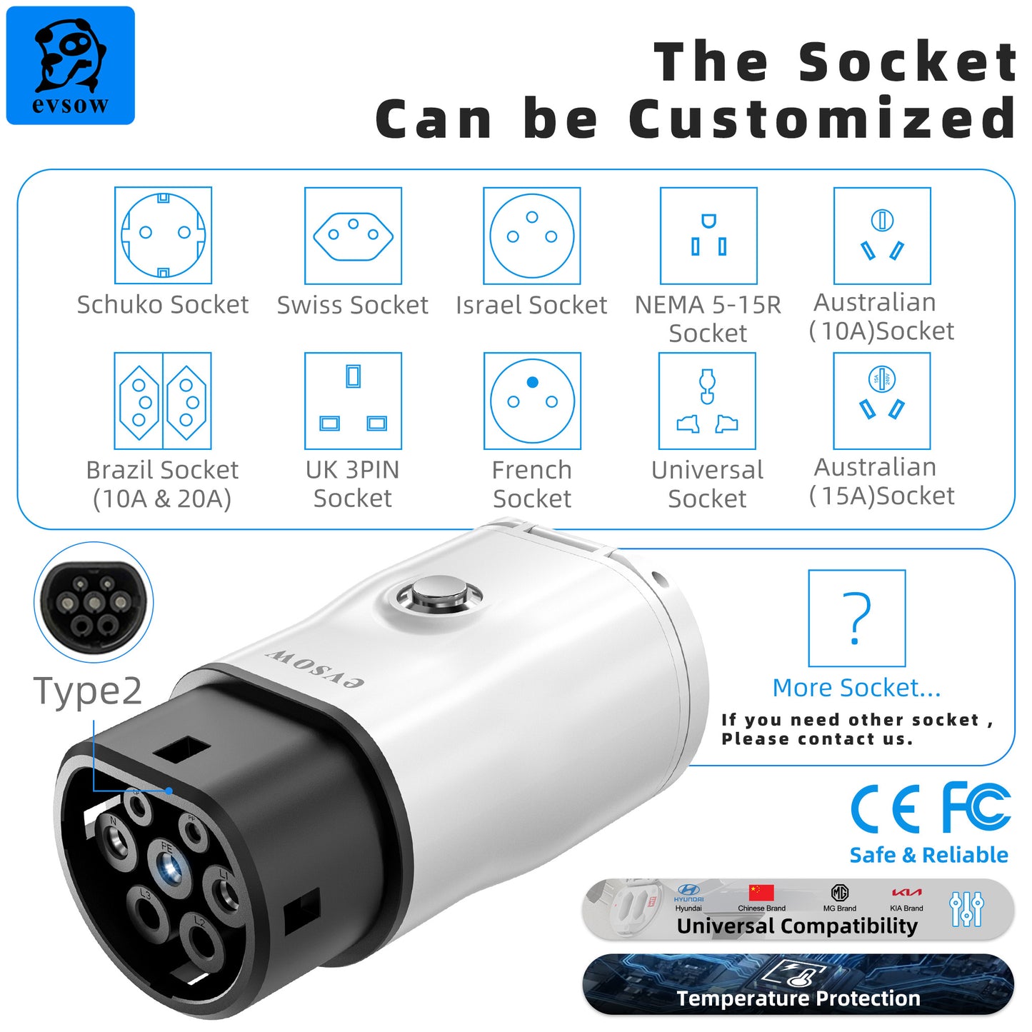 evsow V2L EV Discharge Adapter Type2 Discharger Conversor For Chinese EV Car With Power Adjust Switch Vehicle To Load Discharger