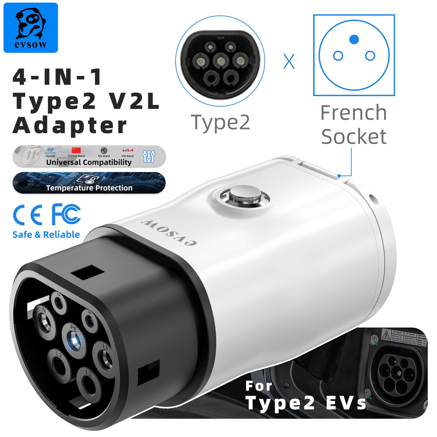 evsow V2L Discharger Adapter For MG/Kia/Hyundai/Chinese EVs Type2 EV Discharger Converter With Adjustable Switch&Temp Protection