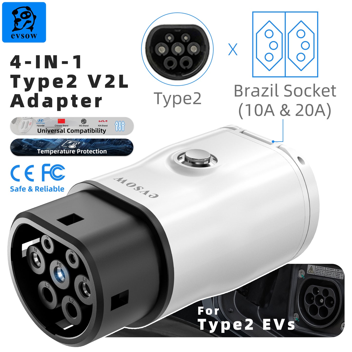 evsow V2L Discharger Adapter For MG/Kia/Hyundai/Chinese EVs Type2 EV Discharger Converter With Adjustable Switch&Temp Protection