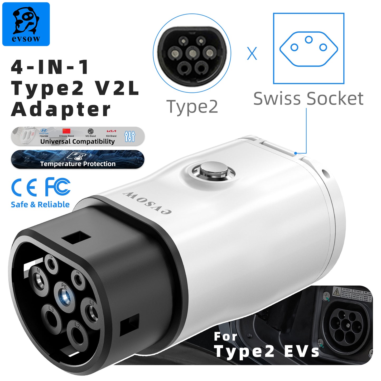 evsow V2L Discharger Adapter For MG/Kia/Hyundai/Chinese EVs Type2 EV Discharger Converter With Adjustable Switch&Temp Protection