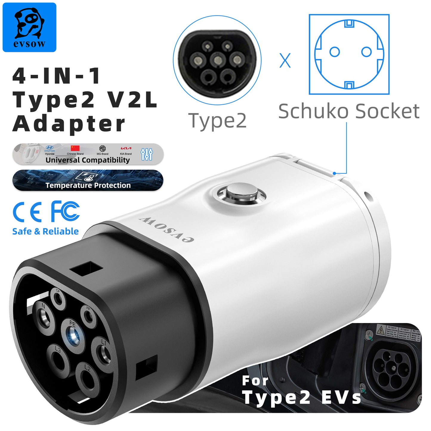 evsow V2L Discharger Adapter For MG/Kia/Hyundai/Chinese EVs Type2 EV Discharger Converter With Adjustable Switch&Temp Protection