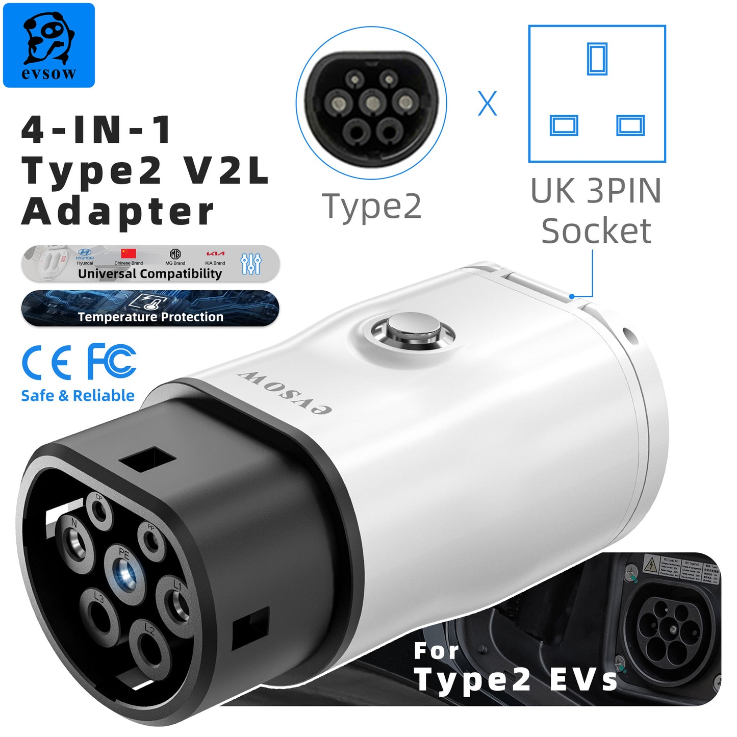 evsow V2L Discharger Adapter For MG/Kia/Hyundai/Chinese EVs Type2 EV Discharger Converter With Adjustable Switch&Temp Protection