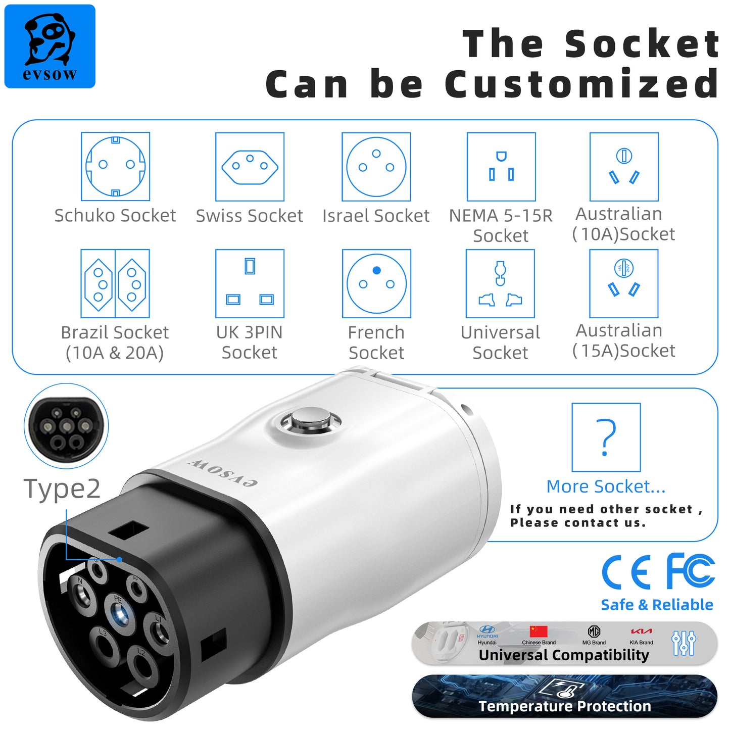 evsow V2L Discharger Adapter For MG/Kia/Hyundai/Chinese EVs Type2 EV Discharger Converter With Adjustable Switch&Temp Protection