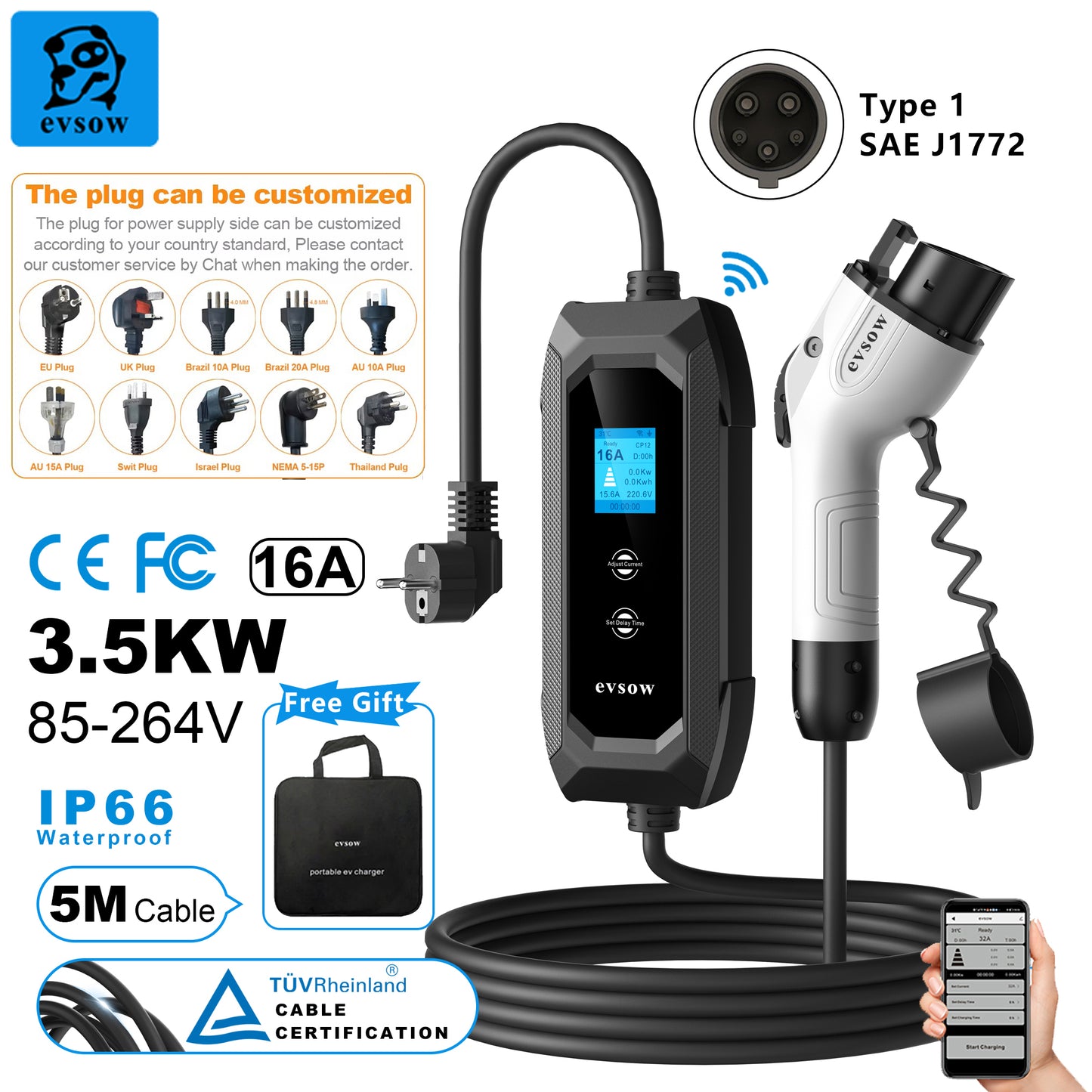 evsow Portable EV Charger Type1 With WIFI APP Control 3.5KW 16A 1P Electric Car Charger Adjustable Current&Set Charging Time