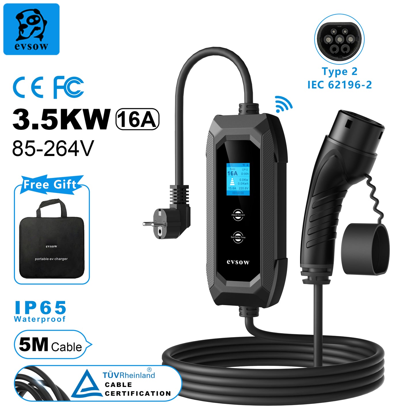 evsow WIFI EV Charger Type2 3.5kW 16A 1P Electric Car Charger With APP Control Adjustable Current&Set Charging Time EVSE Charger